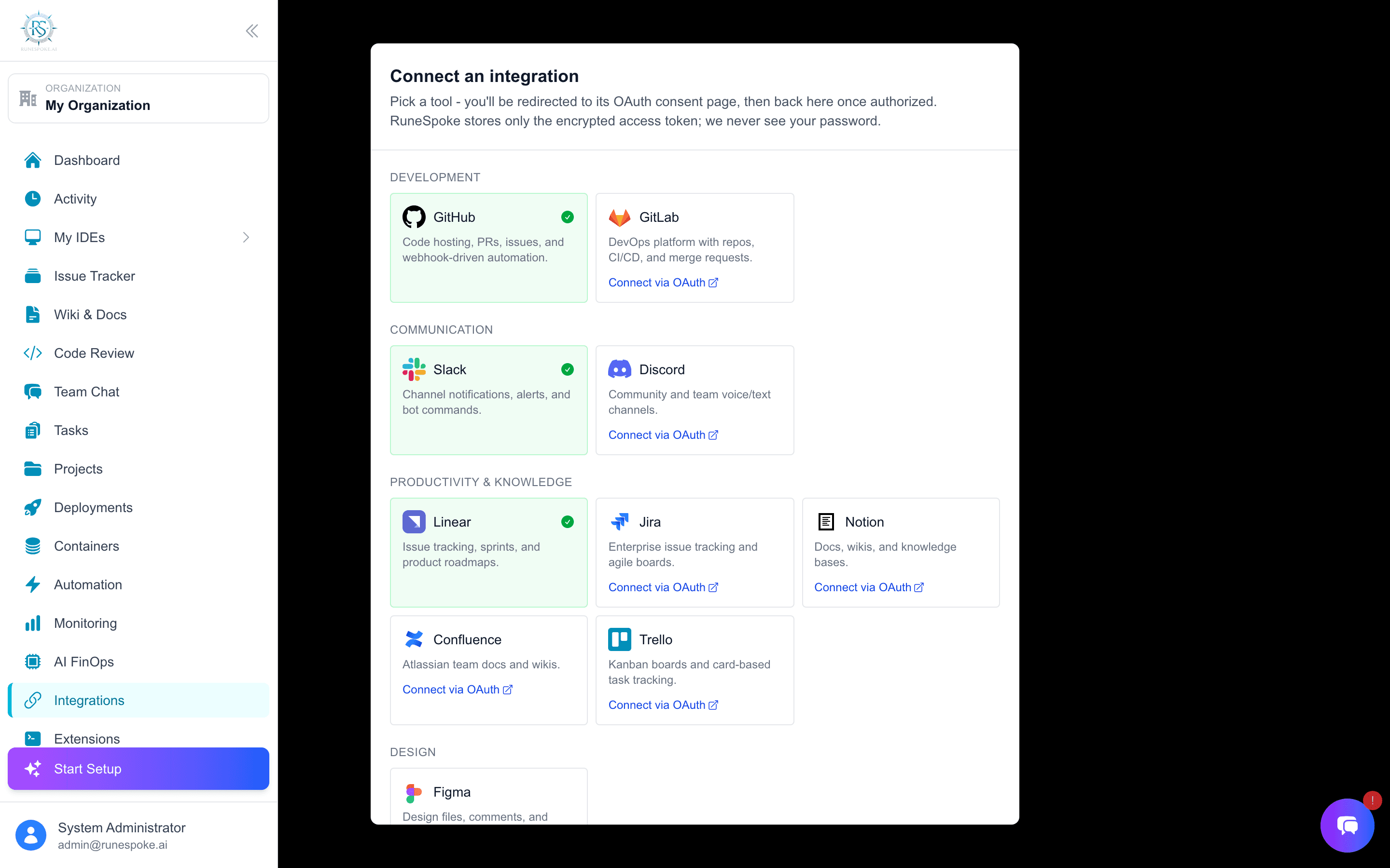 Connect an integration: one button per provider