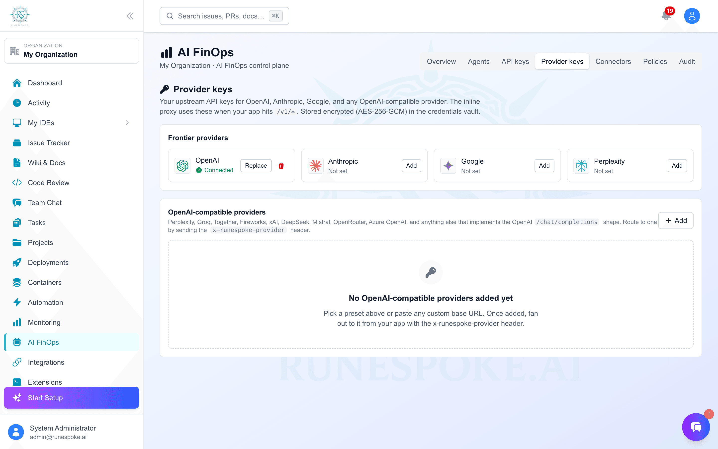 Provider keys: your upstream API keys, encrypted at rest